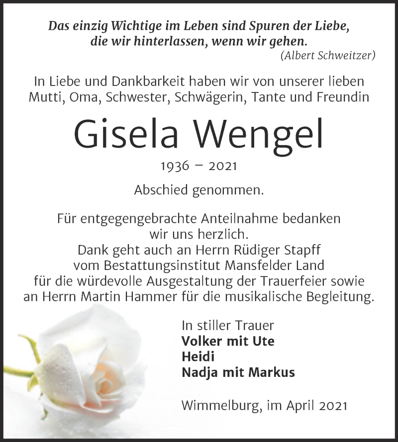  Traueranzeige für Gisela Wengel vom 30.04.2021 aus Trauerkombi Mansfelder Land