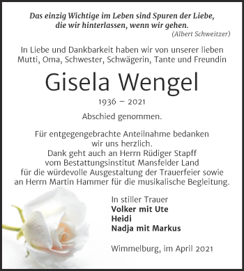 Traueranzeige von Gisela Wengel von Trauerkombi Mansfelder Land