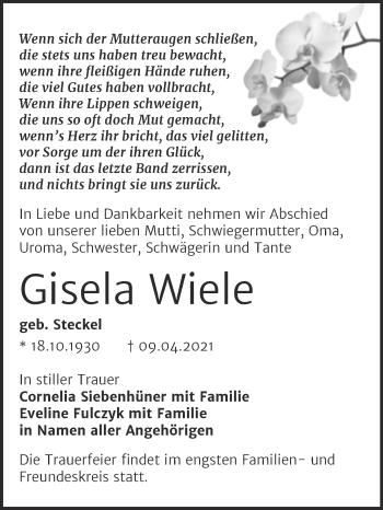Traueranzeige von Gisela Wiele von Mitteldeutsche Zeitung Sangerhausen