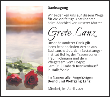 Traueranzeige von Grete Lanz von Mitteldeutsche Zeitung Merseburg/Querfurt