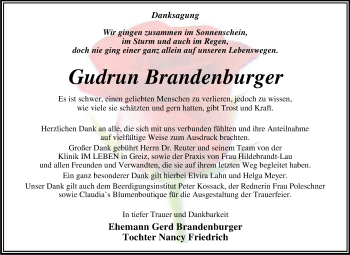 Traueranzeige von Gudrun Brandenburger von Mitteldeutsche Zeitung Dessau-Roßlau