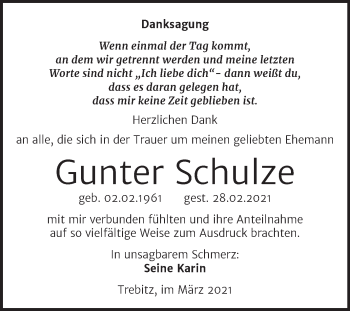 Traueranzeige von Gunter Schulze von Mitteldeutsche Zeitung Wittenberg
