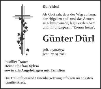 Traueranzeige von Günter Dürl von Mitteldeutsche Zeitung Bitterfeld