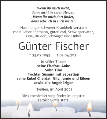 Traueranzeige von Günter Fischer von Mitteldeutsche Zeitung Zeitz