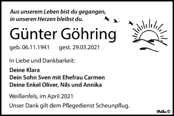 Traueranzeige von Günter Göhring von Mitteldeutsche Zeitung Weißenfels