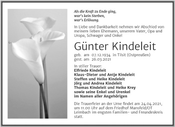 Traueranzeige von Günter Kindeleit von Mitteldeutsche Zeitung Mansfelder Land