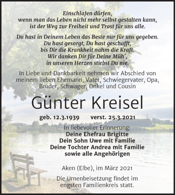 Traueranzeige von Günter Kreisel von Mitteldeutsche Zeitung Köthen
