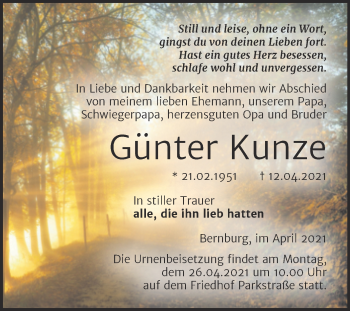 Traueranzeige von Günter Kunze von Mitteldeutsche Zeitung Bernburg