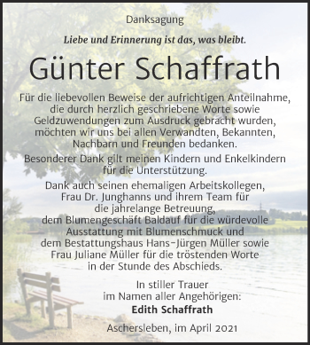 Traueranzeige von Günter Schaffrath von Mitteldeutsche Zeitung Aschersleben