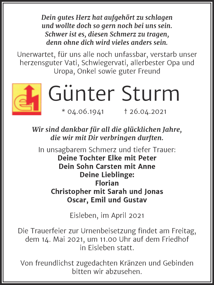  Traueranzeige für Günter Sturm vom 30.04.2021 aus Trauerkombi Mansfelder Land