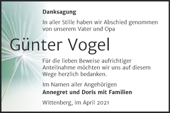 Traueranzeige von Günter Vogel von Mitteldeutsche Zeitung Wittenberg