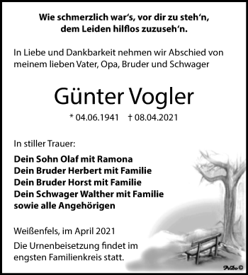 Traueranzeige von Günter Vogler von Mitteldeutsche Zeitung Weißenfels