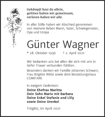 Traueranzeige von Günter Wagner von Mitteldeutsche Zeitung Zeitz
