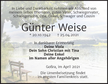 Traueranzeige von Günter Weise von Trauerkombi Zeitz