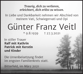 Traueranzeige von Günter Franz Veitl von Mitteldeutsche Zeitung Bitterfeld