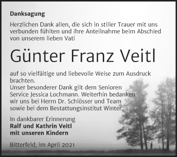 Traueranzeige von Günter Franz Veitl von Trauerkombi Bitterfeld