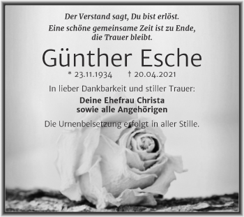 Traueranzeige von Günther Esche von Trauerkombi Bitterfeld