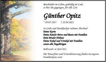 Traueranzeige von Günther Opitz von Trauerkombi Quedlinburg