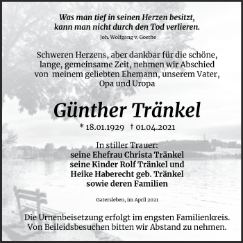 Traueranzeige von Günther Tränkel von Mitteldeutsche Zeitung Aschersleben