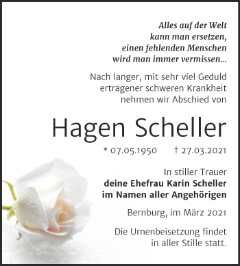 Traueranzeige von Hagen Scheller von Mitteldeutsche Zeitung Aschersleben