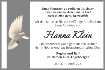 Traueranzeige von Hanna Klein von Mitteldeutsche Zeitung Merseburg/Querfurt