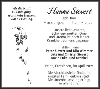 Traueranzeige von Hanna Sievert von Trauerkombi Aschersleben