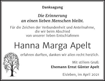 Traueranzeige von Hanna Marga Apelt von Trauerkombi Mansfelder Land