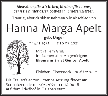 Traueranzeige von Hanna Marga Apelt von Mitteldeutsche Zeitung Mansfelder Land