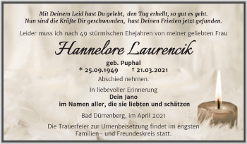 Traueranzeige von Hannelore Laurencik von Mitteldeutsche Zeitung Merseburg/Querfurt