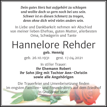 Traueranzeige von Hannelore Rehder von Mitteldeutsche Zeitung Mansfelder Land