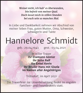 Traueranzeige von Hannelore Schmidt von Super Sonntag Naumburg/Nebra