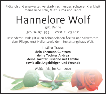 Traueranzeige von Hannelore Wolf von Mitteldeutsche Zeitung Weißenfels