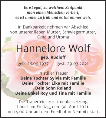 Traueranzeige von Hannelore Wolf von Mitteldeutsche Zeitung Merseburg/Querfurt