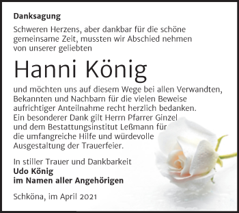 Traueranzeige von Hanni König von Mitteldeutsche Zeitung Wittenberg