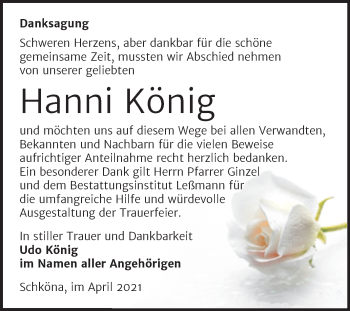 Traueranzeige von Hanni König von Mitteldeutsche Zeitung Bitterfeld
