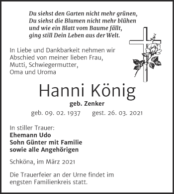 Traueranzeige von Hanni König von Mitteldeutsche Zeitung Wittenberg
