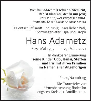 Traueranzeige von Hans Adametz von Mitteldeutsche Zeitung Naumburg/Nebra