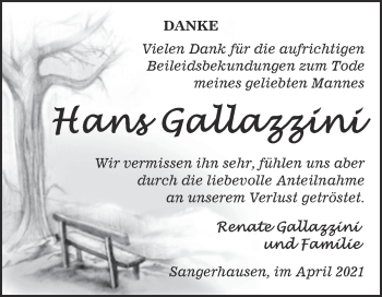Traueranzeige von Hans Gallazzini von Mitteldeutsche Zeitung Sangerhausen