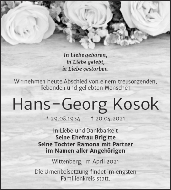 Traueranzeige von Hans-Georg Kosok von Trauerkombi Wittenberg