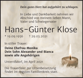 Traueranzeige von Hans-Günter Klose von Mitteldeutsche Zeitung Mansfelder Land