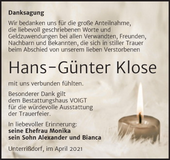 Traueranzeige von Hans-Günter Klose von Mitteldeutsche Zeitung Mansfelder Land