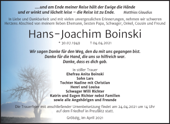 Traueranzeige von Hans-Joachim Boinski von Mitteldeutsche Zeitung Köthen