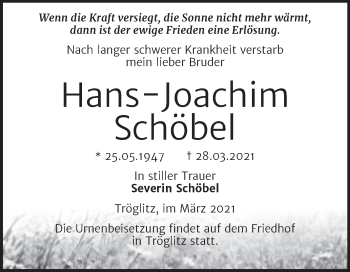 Traueranzeige von Hans-Joachim Schöbel von Mitteldeutsche Zeitung Zeitz