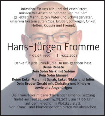 Traueranzeige von Hans-Jürgen Fromme von Mitteldeutsche Zeitung Bernburg