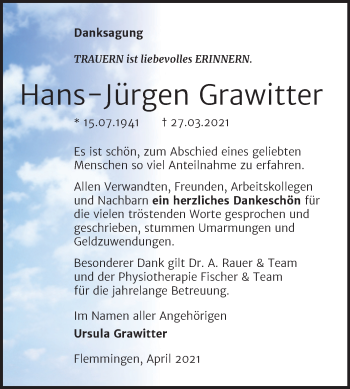 Traueranzeige von Hans-Jürgen Grawitter von Naumburger Tageblatt