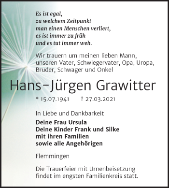 Traueranzeige von Hans-Jürgen Grawitter von Mitteldeutsche Zeitung Naumburg/Nebra
