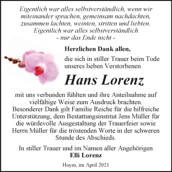 Traueranzeige von Hans Lorenz von Mitteldeutsche Zeitung Aschersleben