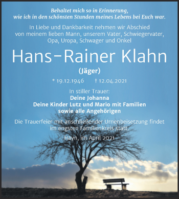 Traueranzeige von Hans-Rainer Klahn von Mitteldeutsche Zeitung Sangerhausen