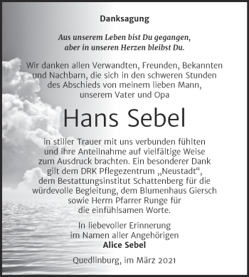 Traueranzeige von Hans Sebel von Mitteldeutsche Zeitung Quedlingburg