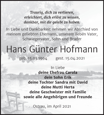 Traueranzeige von Hans Günter Hofmann von Mitteldeutsche Zeitung Zeitz